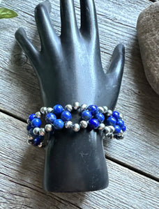 Floral Sterling Silver Blue Lapis Pearls Bead Bracelet. 7 Inch