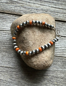 Genuine Orange Spiny Oyster 6mm 7 Inch 925 Sterling Silver Pearls Bead Bracelet