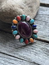 Load image into Gallery viewer, Navajo Sterling Silver Multi Stone Spiny Cluster Adjustable Ring. G James