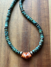 Load image into Gallery viewer, Sterling Silver Graduated Turquoise Heishi Spiny Oyster Bead Necklace 17.5 Inch