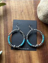 Load image into Gallery viewer, Sterling Silver Blue Turquoise Bead W Pearls Loop Hoop Earrings.
