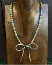 Load image into Gallery viewer, Bow Sterling Silver Blue Green Turquoise Pearls Bead Necklace. 18 inch Gift