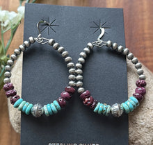 Load image into Gallery viewer, Sterling Silver Purple Spiny Oyster Turquoise Pearls Bead Loop Hoop Earrings