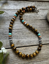 Load image into Gallery viewer, Southwestern 925 Sterling Silver Multi Stone Tigers Eye Bead Necklace 20 inch