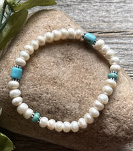 Load image into Gallery viewer, Freshwater Pearls Turquoise 6.5 Inch Stretch Elastic Stretchy Bead Bracelet Gift