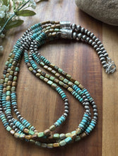 Load image into Gallery viewer, Sterling Silver Multi Strand Blue Green Turquoise Pearls Bead Necklace 26 Inch