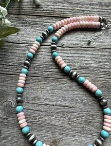 Sterling Silver Pink Conch Blue Turquoise Bead Necklace 20 Inch. Gift