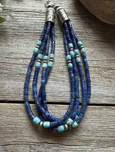 Sterling Silver Multi Strand Lapis Turquoise Pearls Choker Bead Necklace 14 inch