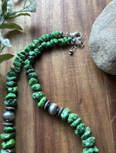 Load image into Gallery viewer, Sterling Silver Green Turquoise Nuggets W Pearls Bead Necklace. 18 Inch