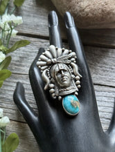 Load image into Gallery viewer, Navajo Sterling Silver Turquoise Indian Chief Head Adjustable Ring Russell Sam