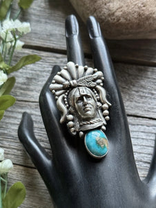 Navajo Sterling Silver Turquoise Indian Chief Head Adjustable Ring Russell Sam