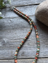 Load image into Gallery viewer, Sterling Silver Orange Spiny Oyster Green Turquoise Heishi Bead Necklace 18 inch