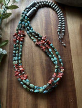 Load image into Gallery viewer, Sterling Silver Multi Strand Blue Green Turquoise Spiny Oyster Bead Necklace 30”