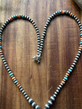 Load image into Gallery viewer, Sterling Silver Spiny Oyster Turquoise Pearls Lariat Y Bead Necklace. 28 inch