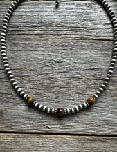 Load image into Gallery viewer, Sterling Silver 4mm Pearls with Brown Tigers Eye Bead Necklace Choker. 14 inch