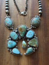 Load image into Gallery viewer, Navajo Sterling Silver Blue Green Royston Turquoise Lariat Pearls Naja Necklace
