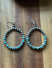 Load image into Gallery viewer, Southwestern Sterling Silver Turquoise Pearls Bead Hoop Earrings. Gift 3.25 Inch