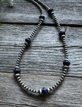 Load image into Gallery viewer, Southwestern Sterling Silver Lapis 4mm Pearls Bead Necklace. 18 Inch. Gift