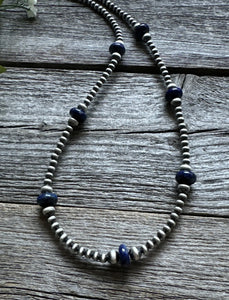 Southwestern Sterling Silver Lapis 4mm Pearls Bead Necklace. 18 Inch. Gift