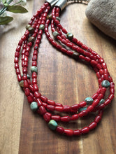 Load image into Gallery viewer, Sterling Silver Multi Strand Red Coral Turquoise Nuggets Bead Necklace 22 Inch