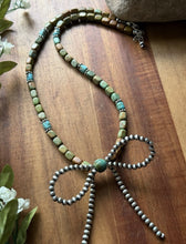 Load image into Gallery viewer, Bow Sterling Silver Blue Green Turquoise Pearls Bead Necklace. 18 inch Gift