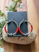 Load image into Gallery viewer, Sterling Silver Red Coral Bead W Pearls Loop Hoop Earrings.