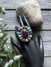 Load image into Gallery viewer, Navajo Sterling Silver Multi Stone Spiny Cluster Adjustable Ring. G James