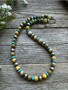 Sterling Silver Bumblebee Jasper Turquoise W Pearls Bead Necklace. 18 inch