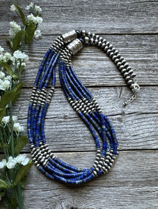 Sterling Silver Multi Strand Lapis W Pearls Bead Necklace. 28 inch