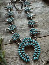Load image into Gallery viewer, Vintage Navajo Sterling Silver Blue Turquoise Squash Blossom Pearls Necklace T