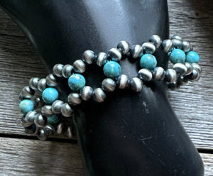 Floral Sterling Silver Blue Turquoise Pearls Bead Bracelet. 7 Inch