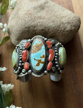 Load image into Gallery viewer, Navajo Native American Sterling Silver Royston Turquoise Coral Cuff Bracelet CY