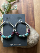 Load image into Gallery viewer, Sterling Silver Purple Spiny Oyster Turquoise Pearls Bead Loop Hoop Earrings