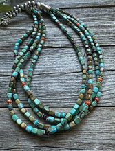 Load image into Gallery viewer, Sterling Silver Multi Strand Blue Green Turquoise Stone Bead Necklace 24 inch