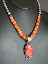 Load image into Gallery viewer, Handmade Navajo Sterling Silver and Orange Spiney Oyster Pendant  with Necklace