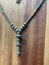 Load image into Gallery viewer, Sterling Silver Spiny Oyster Turquoise Pearls Lariat Y Bead Necklace. 28 inch