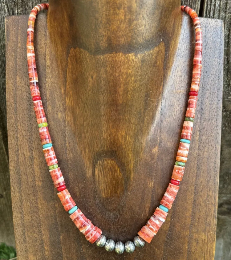 Sterling Silver Graduated Multi Stone Spiny Oyster Heishi Bead Necklace 18 inch
