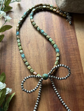 Load image into Gallery viewer, Bow Sterling Silver Blue Green Turquoise Pearls Bead Necklace. 18 inch Gift