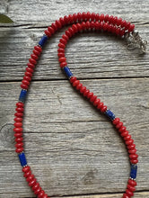 Load image into Gallery viewer, Sterling Silver Red Coral Lapis Bead Necklace. 18 inch Gift