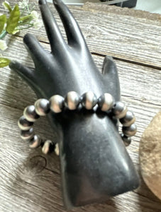 10mm 7 Inch Stretch Sterling Silver Oxidized Pearls Bead Bracelet Southwestern