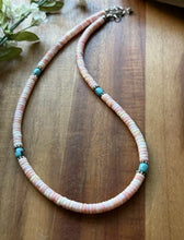 Load image into Gallery viewer, Sterling Silver Heishi Pink Conch Turquoise Bead Necklace 18 Inch