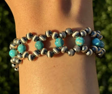 Load image into Gallery viewer, Floral Sterling Silver Blue Turquoise Pearls Bead Bracelet. 7 Inch