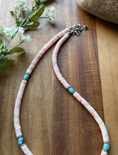 Load image into Gallery viewer, Sterling Silver Heishi Pink Conch Turquoise Bead Necklace 18 Inch