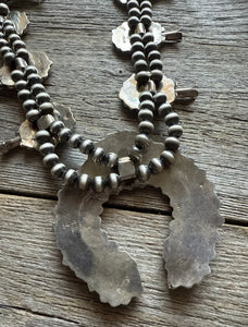 Vintage Navajo Sterling Silver Blue Turquoise Squash Blossom Pearls Necklace T
