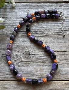 Sterling Silver Charoite Nuggets Orange Spiny Oyster Bead Necklace. 18 Inch