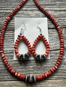 Sterling Silver Red Spiny Oyster Bead Necklace W Earrings Set Gift 18 Inch