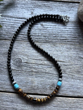 Load image into Gallery viewer, Sterling Silver Black Onyx Tigers Eye Turquoise Bead Necklace. 18 Inch Gift
