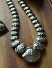 Load image into Gallery viewer, Navajo Sterling Silver Turquoise Stamped Pillow Beads Bead Necklace Earrings 22”