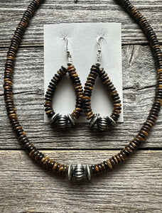 Sterling Silver Tigers Eye Bead Necklace W Earrings Set. Gift 18 Inch