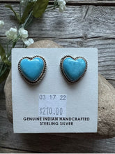 Load image into Gallery viewer, Navajo Sterling Silver Blue Turquoise Heart Stud Earrings. Gift